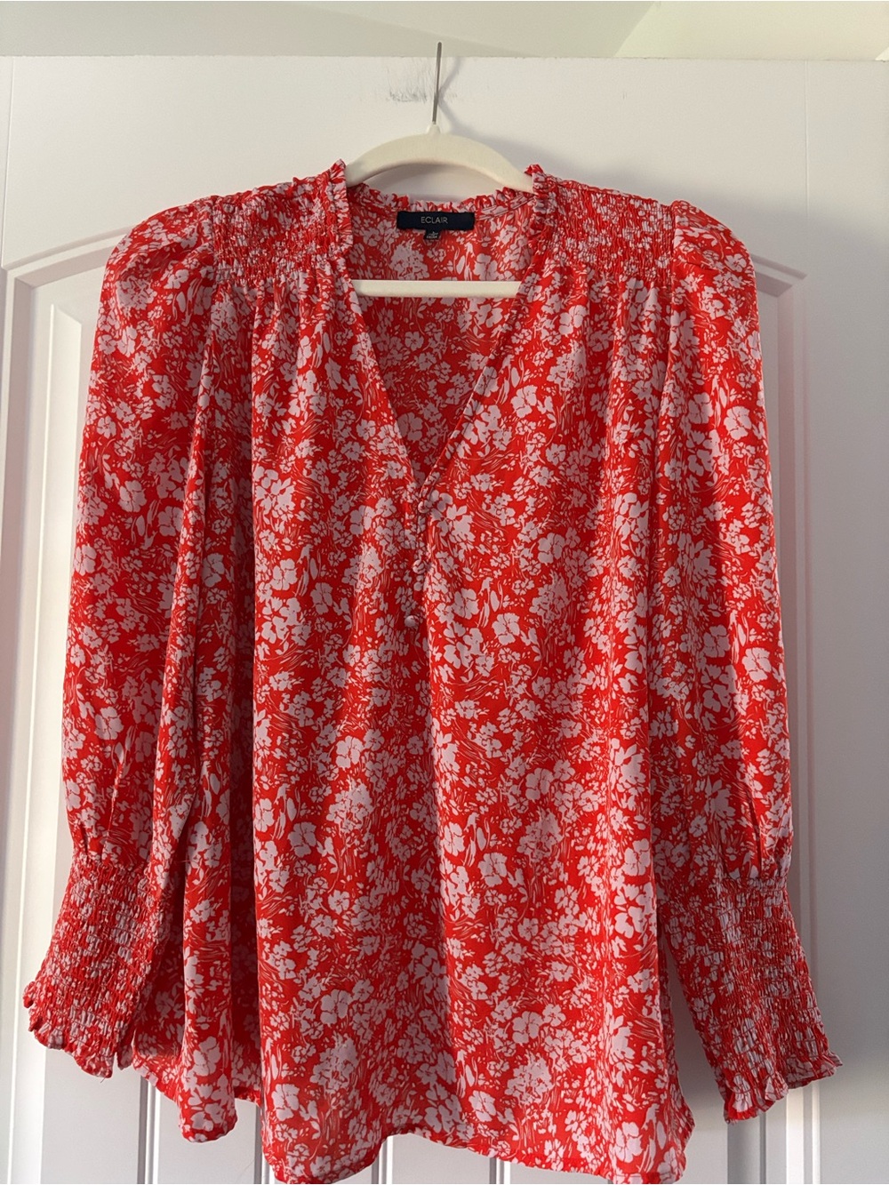 Red Floral V-Neck Smocked Cuff Blouse